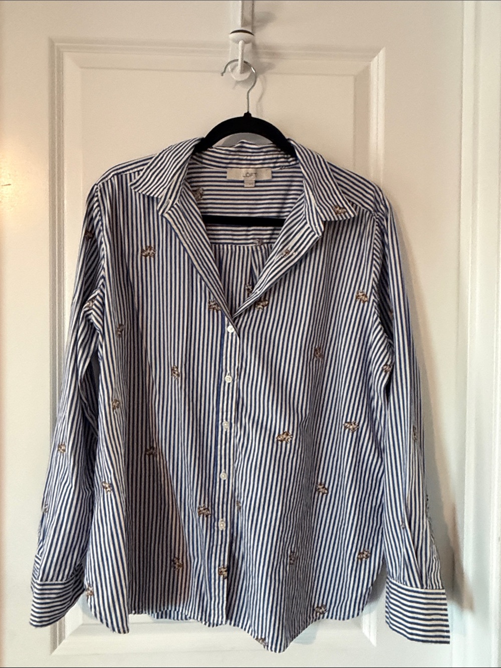 LOFT Blue and White Striped Embroidered Button-Down Shirt